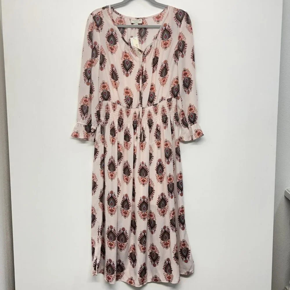 NWT Studio B by Bobeau M Smocked Midi Dress Pink Floral Paisley Long Sleeve